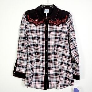 DIANE GILMAN G2 PLAID EMBROIDERED BLOUSE